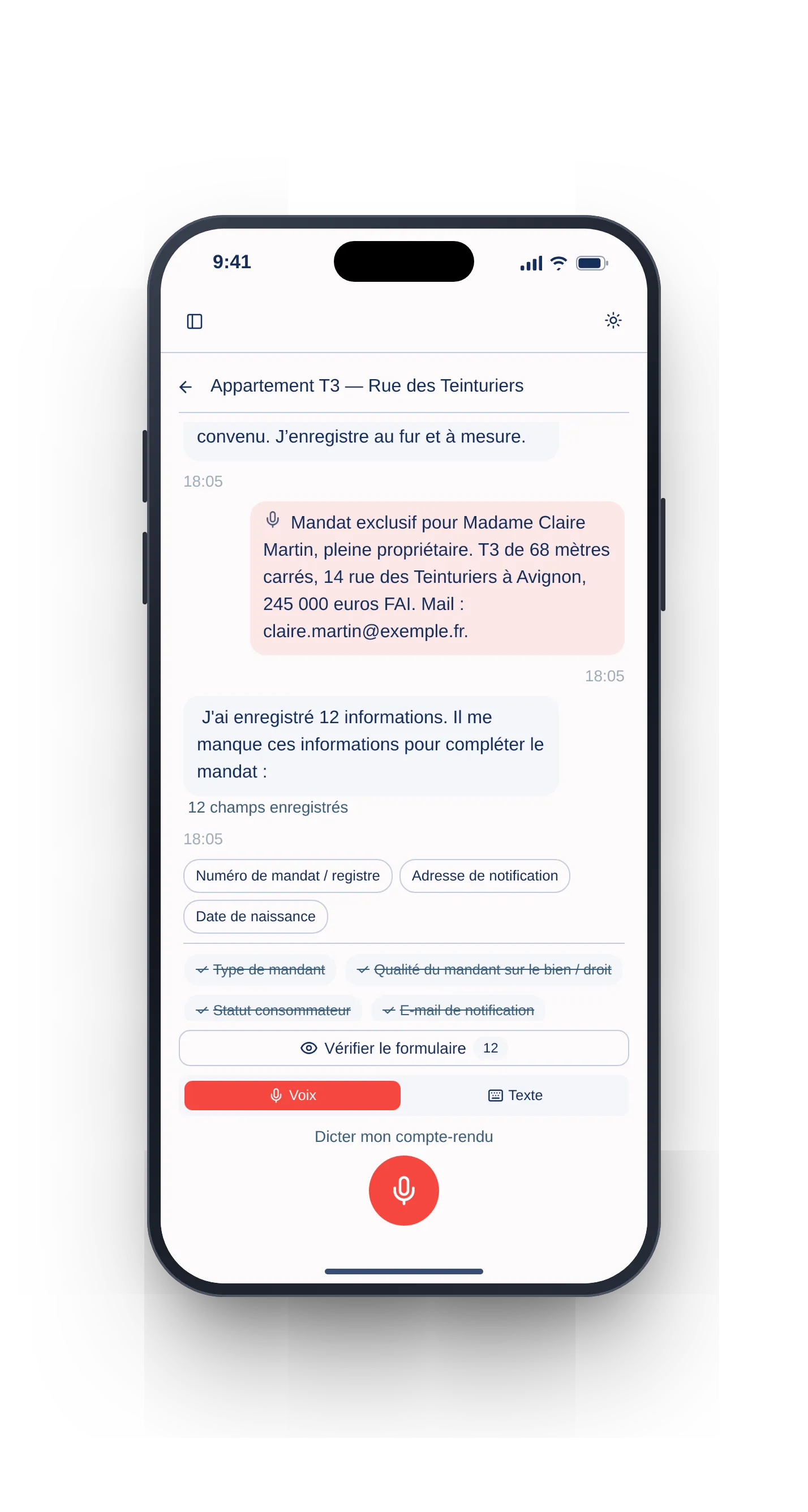 L'assistant vocal sur téléphone : une visite dictée, douze champs enregistrés, et la liste de ce qui manque encore au mandat.